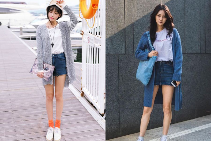 Cardigan cùng áo thun trắng và quần short jeans