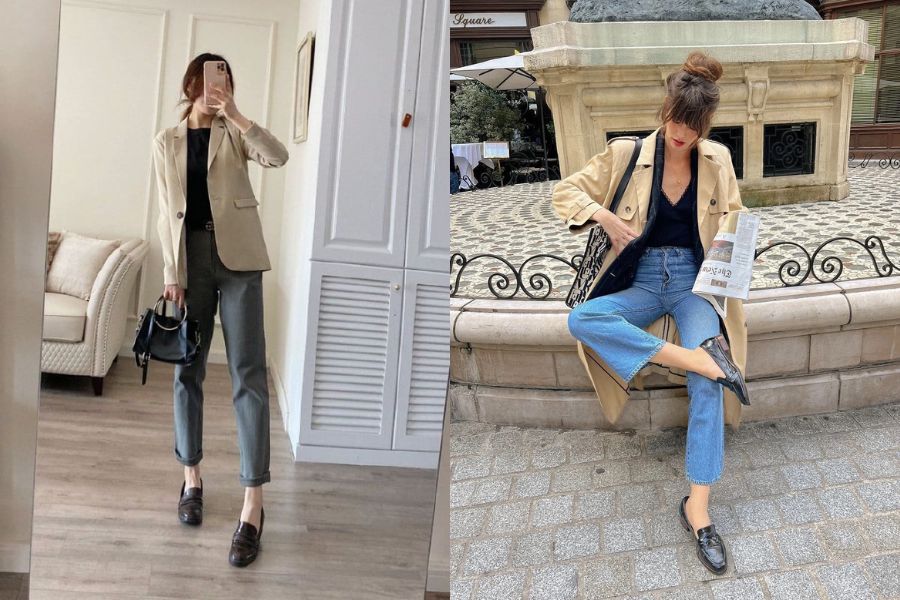 cách phối quần jean nữ với giày lười