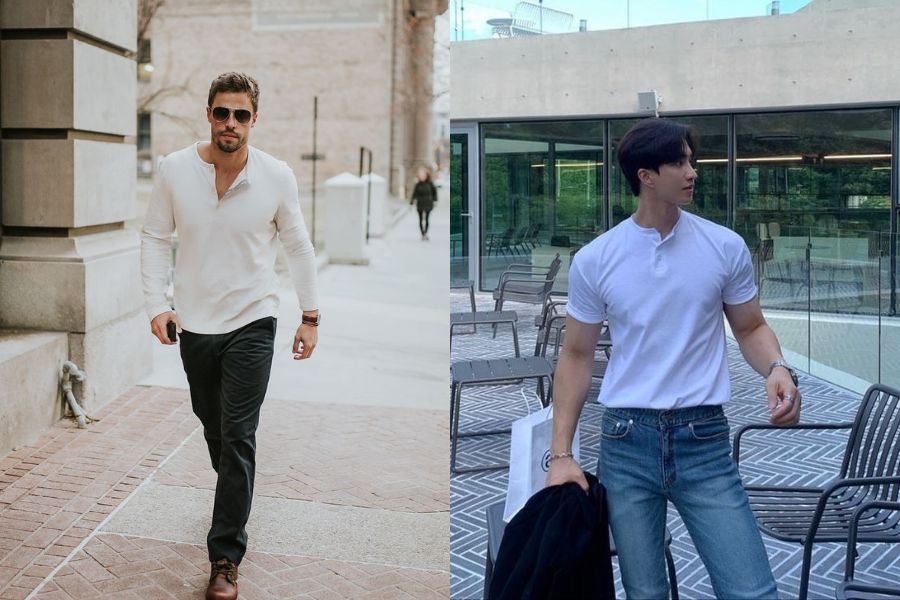 Áo thun Henley mix quần Jeans nam