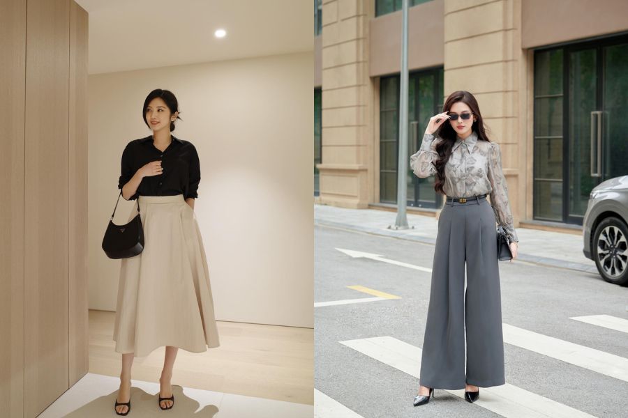 Chân váy chữ A hoặc quần ống rộng