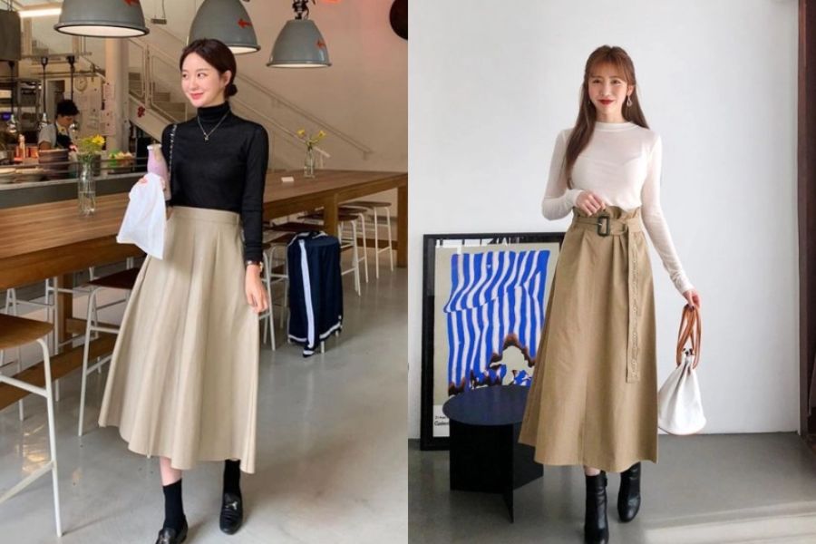 Áo giữ nhiệt phối chân váy xoè dáng dài