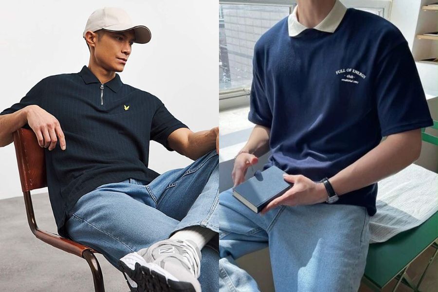 Áo polo in logo nhỏ phối quần jean wash sáng