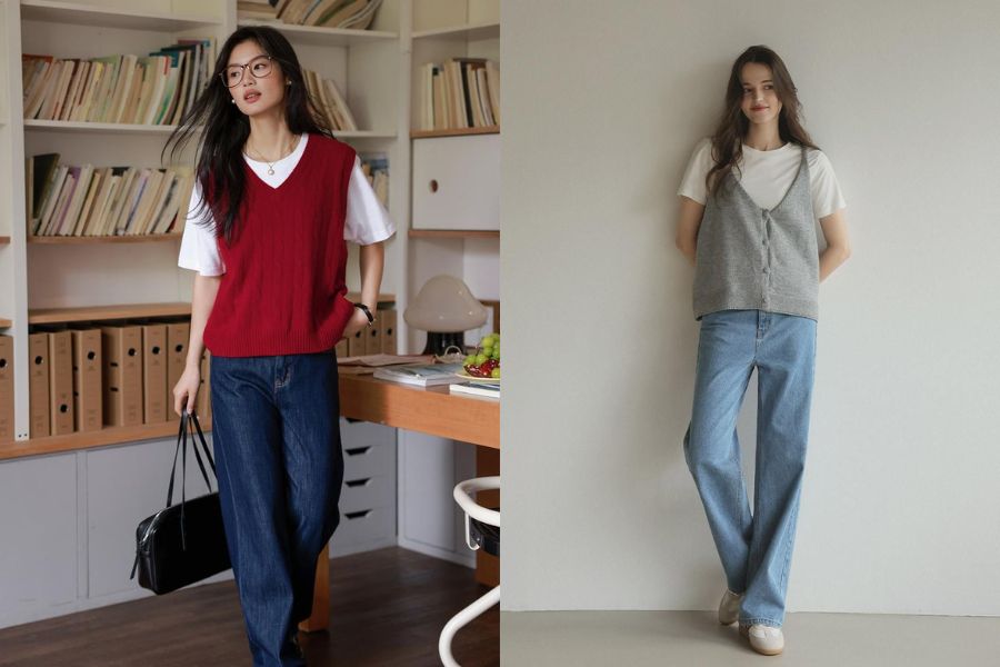 Áo thun cộc tay + áo len gile