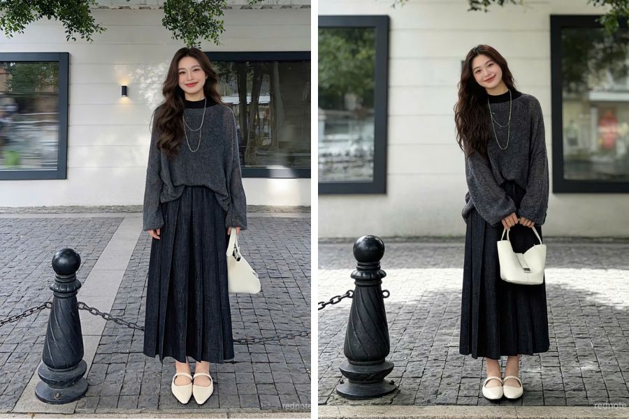 Bạn cài một chút vạt áo vào cạp váy để biến tấu trang phục, giúp tỷ lệ cơ thể đẹp hơn