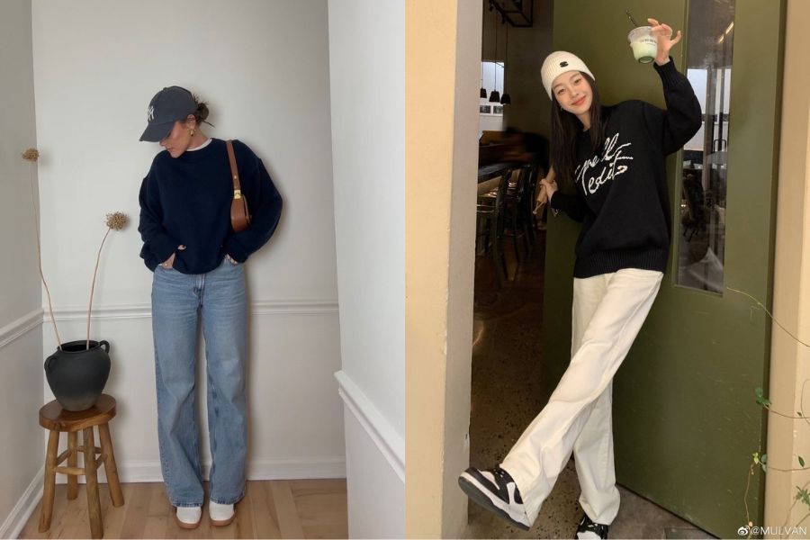 Sweater kết hợp quần ống đứng cho outfit gọn gàng