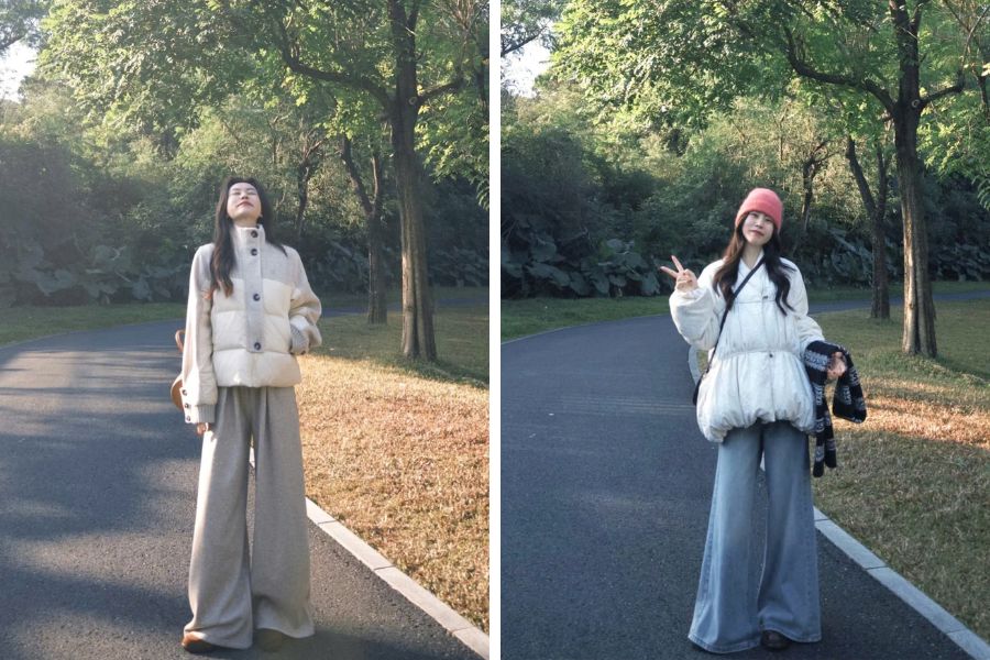 Mix áo phao với quần ống rộng mang vibe em gái mùa đông đáng yêu