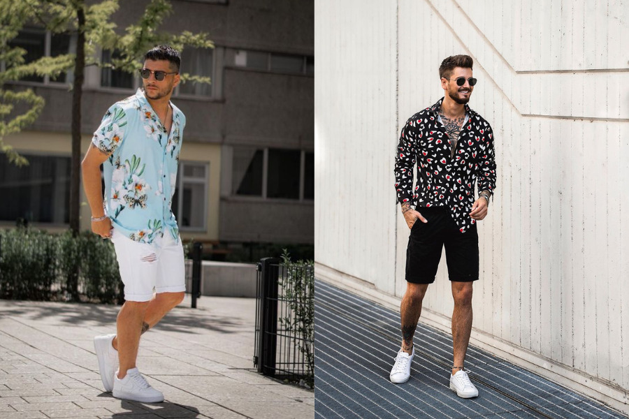 Sơ mi họa tiết kết hợp cùng quần short jean
