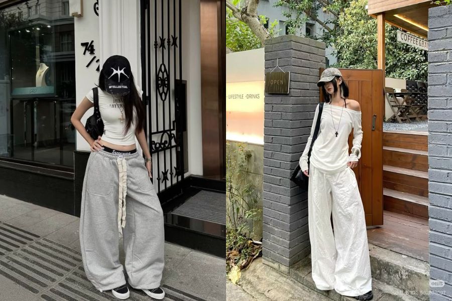 Phối đồ mùa đông cho nữ béo lùn mùa đông với áo thun dài tay + quần baggy cạp cao