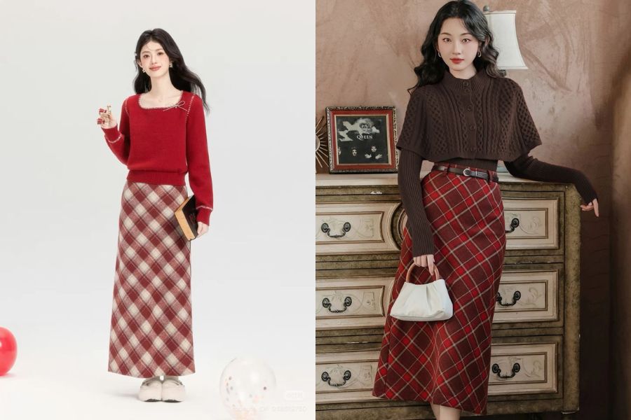 Chân váy midi caro kết hợp với áo len