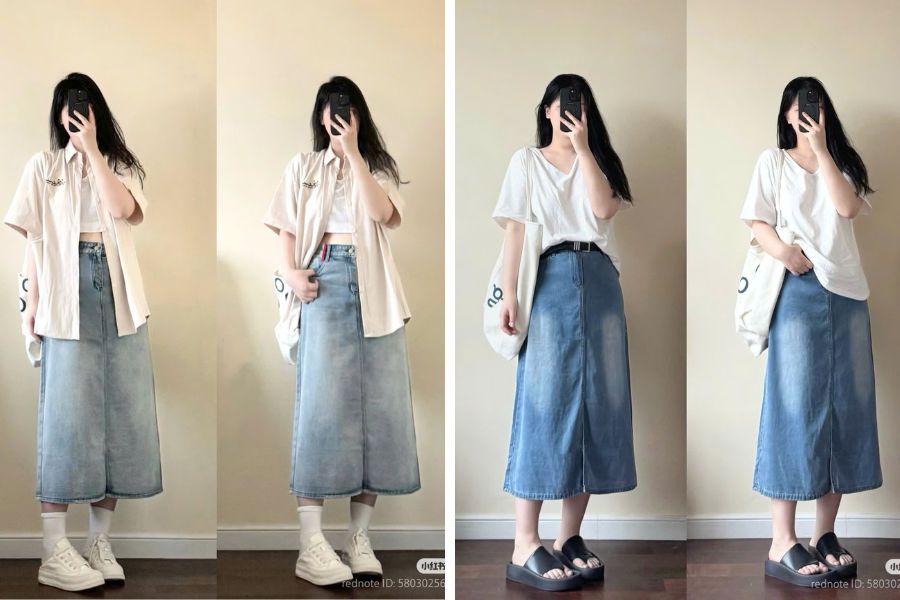 Mix áo thun croptop trắng, áo khoác ngoài màu be với chân váy xanh