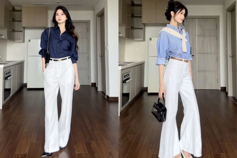 Phối đồ mùa đông cho nữ thấp với áo sơ mi và quần tây cạp cao