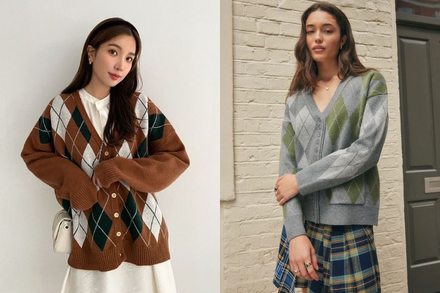 Cardigan dáng dài họa tiết ô kim cương