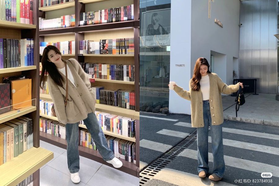 Cardigan dáng dài kết hợp quần jeans và áo thun