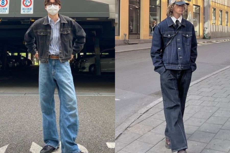 Áo khoác jean kết hợp cùng quần denim và mũ cổ điển 