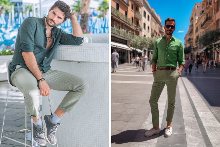 Quần xanh lá cây pastel với áo thun xanh đậm tạo nên outfit cá tính