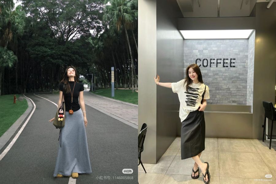 Áo thun phối chân váy dài