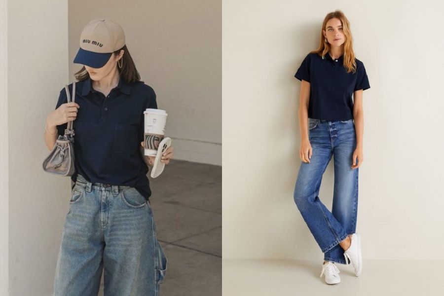 Áo polo phối quần jean ống rộng