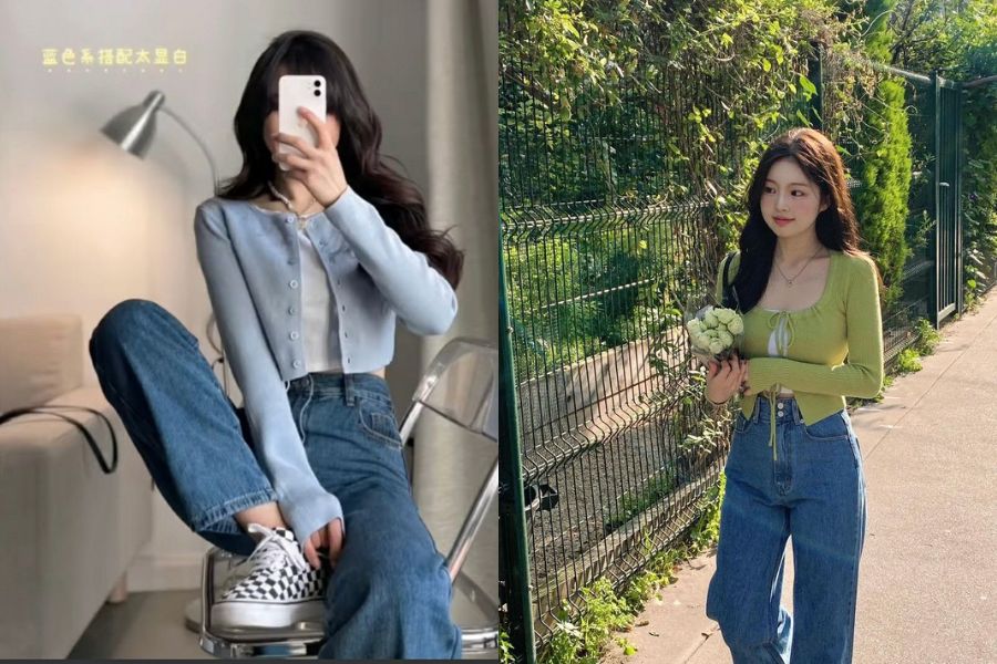 Quần Jean ống mix áo Cardigan