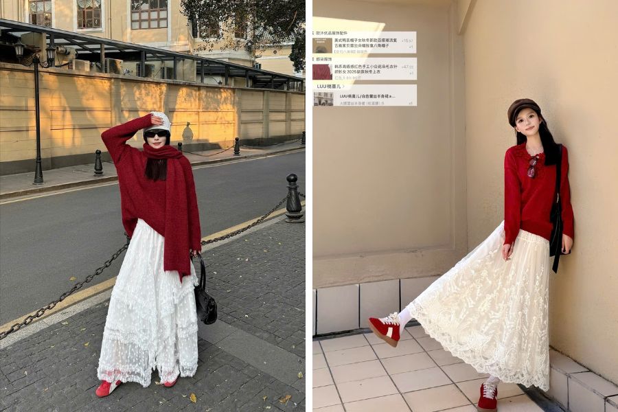 Điệu đà nữ tính với chân váy ren trắng và áo len đỏ rực rỡ