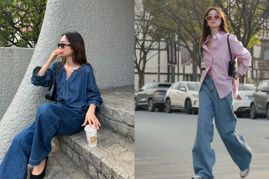 Áo sơ mi phối quần Jeans ống suông