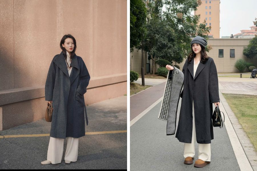 Mix áo dạ màu xám cùng quần âu ống rộng màu trắng sữa