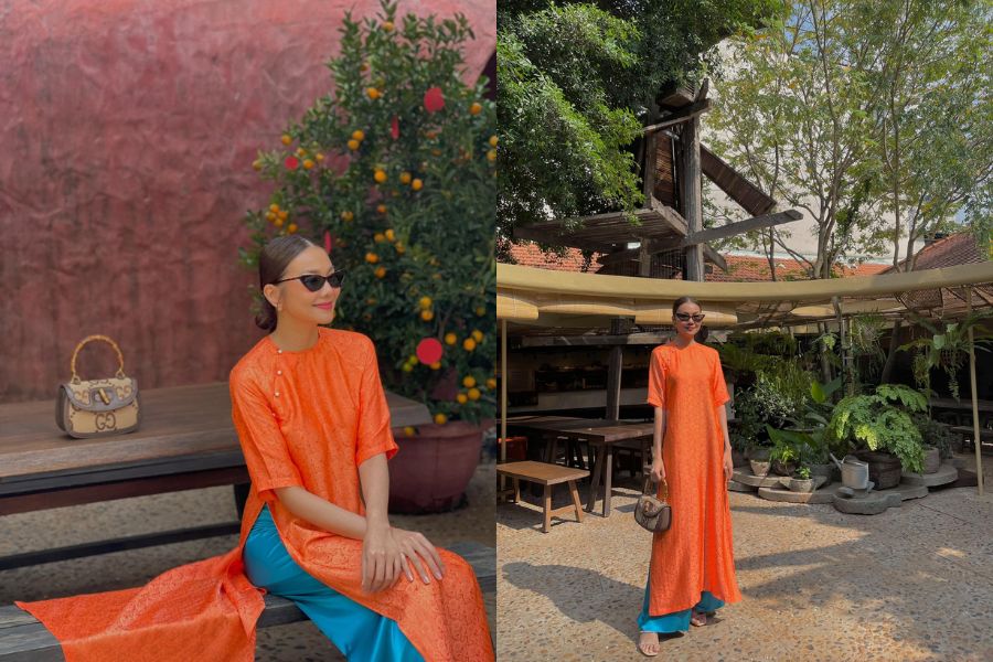 Áo dài cam kết hợp quần xanh dương đậm