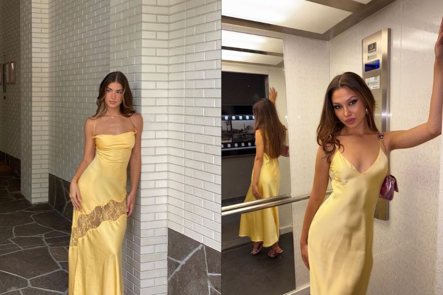 Sang trọng với váy lụa Vàng Acacia đơn sắc