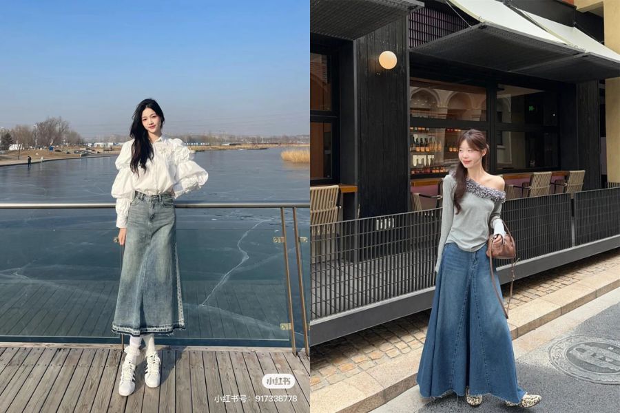 Cá tính với chân váy jean phối cùng áo kiểu