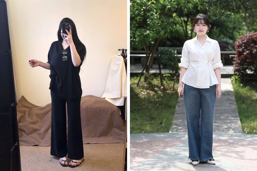 Mix áo thun và áo sơ mi cách điệu với quần ống suông