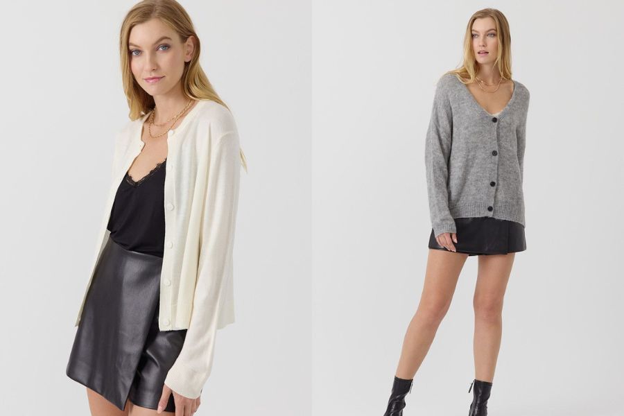 Cardigan cùng áo cổ lọ và chân váy da sang chảnh
