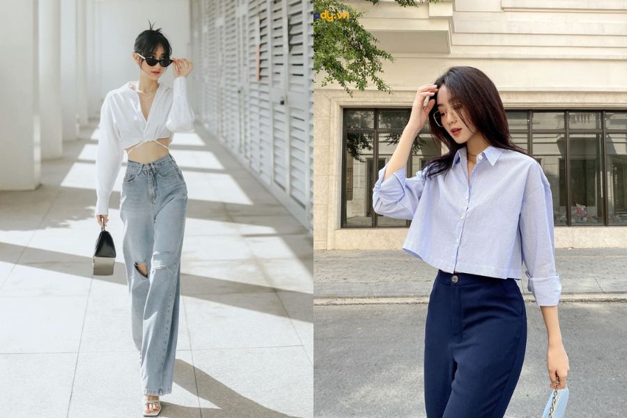 Quần jeans và áo sơ mi dáng croptop