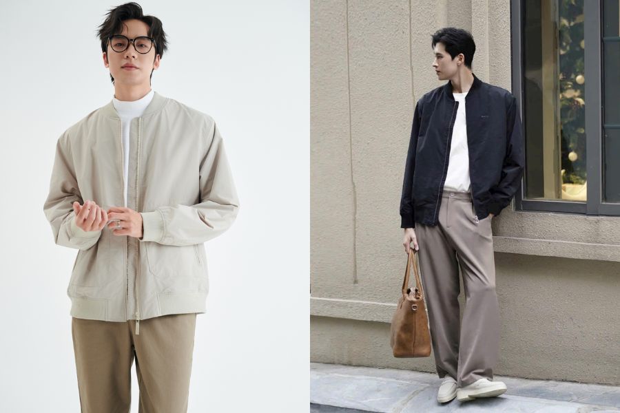 áo khoác bomber phối áo thun trắng