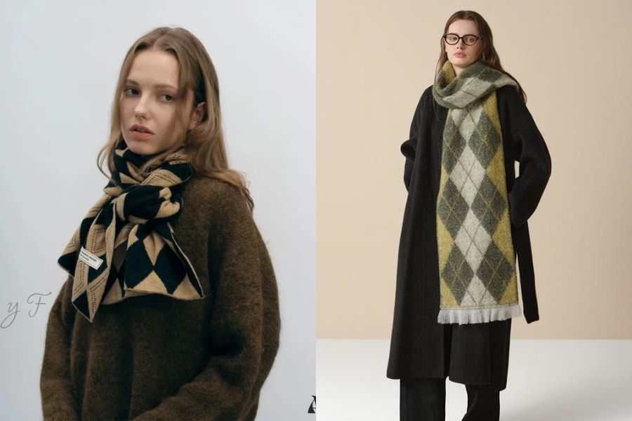 Khăn choàng họa tiết ô kim cương phối với áo khoác dạ trơn