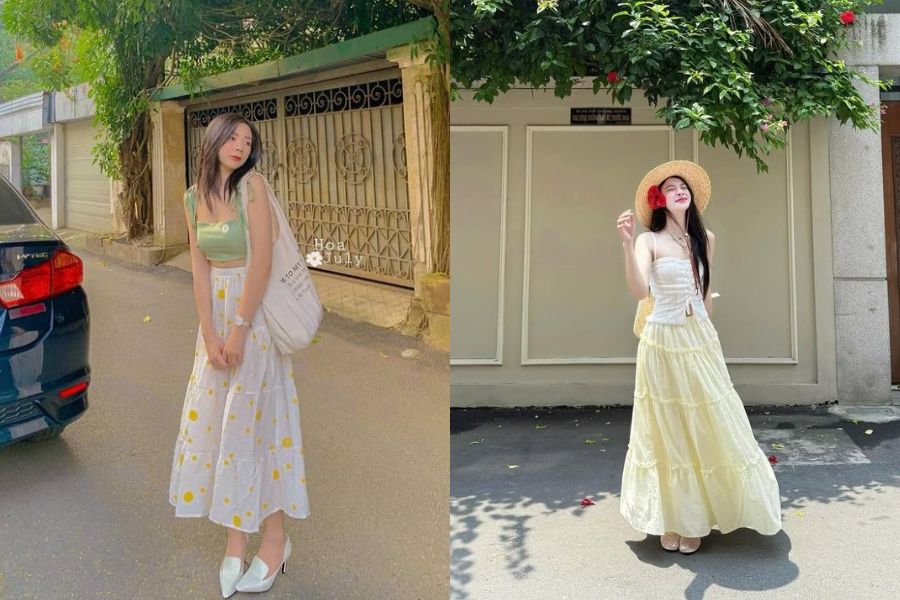 Phối chân váy xòe dài với áo 2 dây