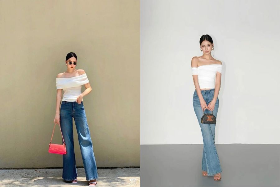 Quần ống suông phối áo trễ vai đi đám cưới