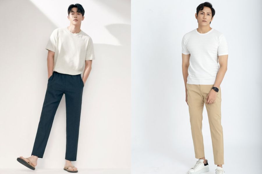 phối áo thun trắng với quần chinos