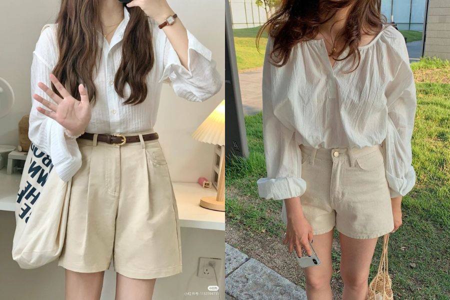 Áo sơ mi trắng đi kèm quần short kaki