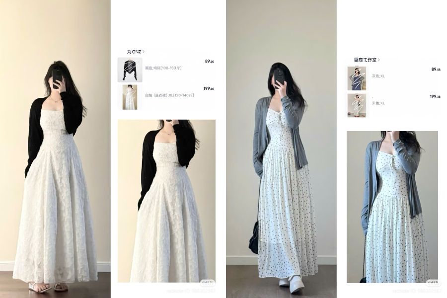 Áo cardigan đen mix cùng váy 2 dây dáng dài