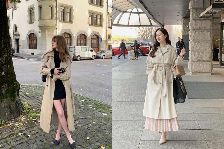 Trench coat phối váy liền thời thượng