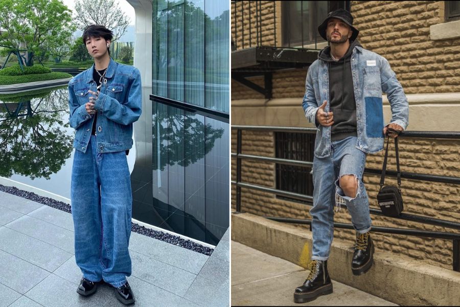 Phối quần dad jeans nam với áo khoác jean