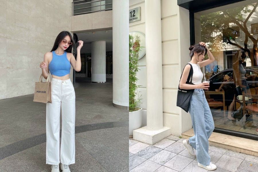 Croptop len sát nách phối quần ống rộng