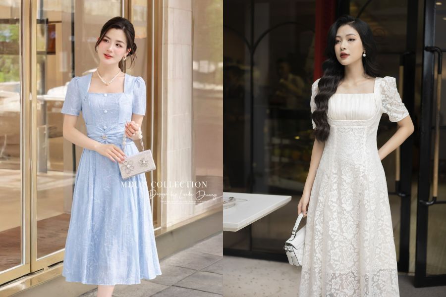 Đầm cổ vuông dáng xòe nữ tính