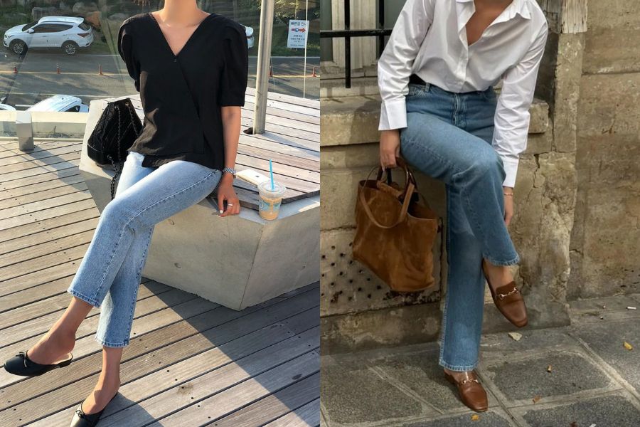Phối quần tây áo sơ mi với giày mule