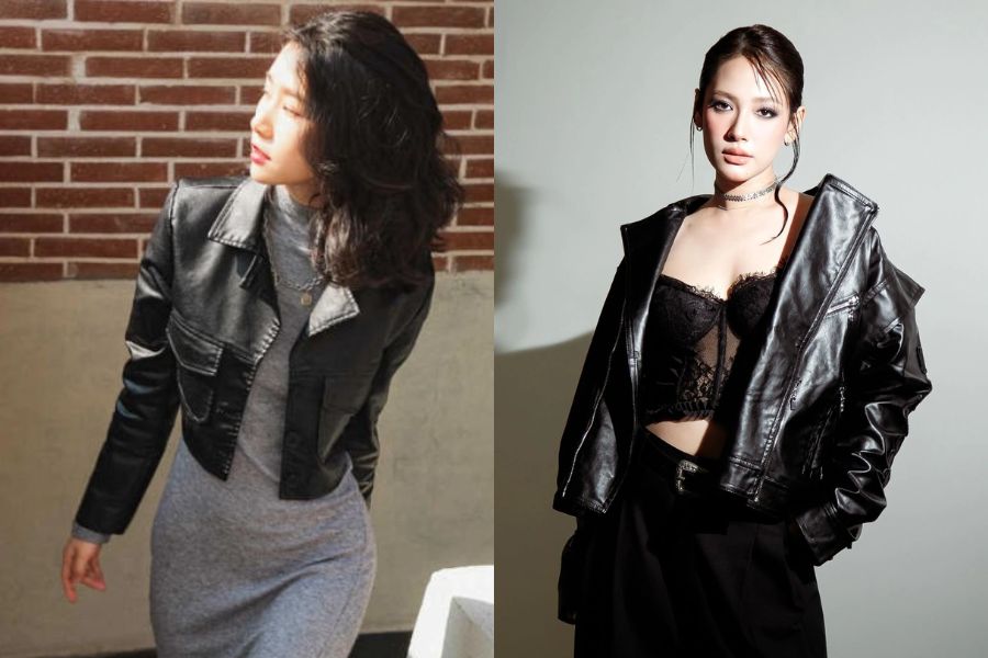 Váy xẻ tà hoặc váy wrap (váy quấn) phối áo khoác da croptop