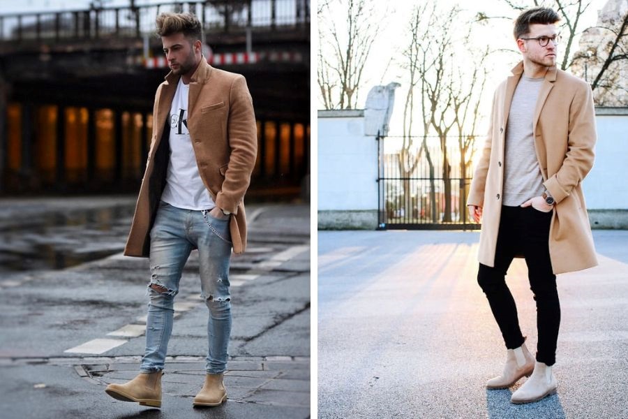Áo măng tô nâu và boots là Earth tone outfit ấm áp cho mùa đông
