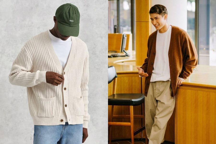 áo thun trắng mix tinh tế với áo khoác cardigan