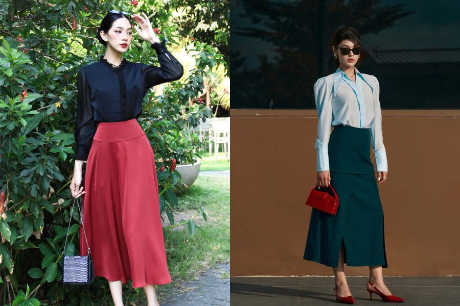 phối chân váy dài vintage với áo sơ mi