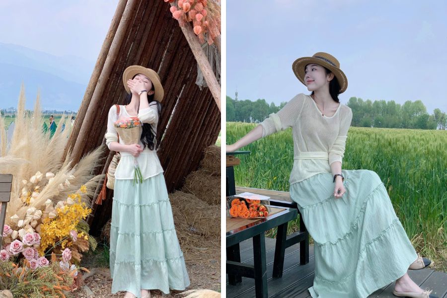 Nhẹ nhàng và thướt tha trong mùa hè với outfit kết hợp chân váy midi dáng dài