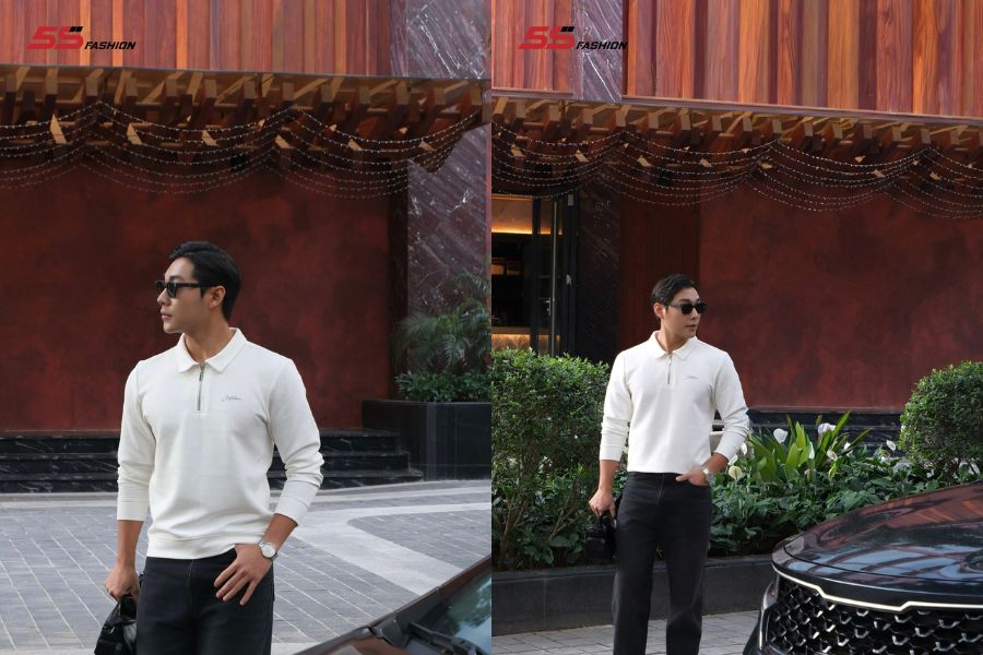 Áo nỉ cổ trụ khoá lửng phối quần jean ống đứng nam tính