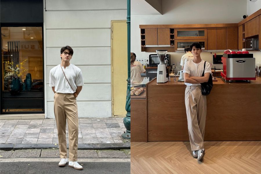 áo thun trắng phối với quần kaki
